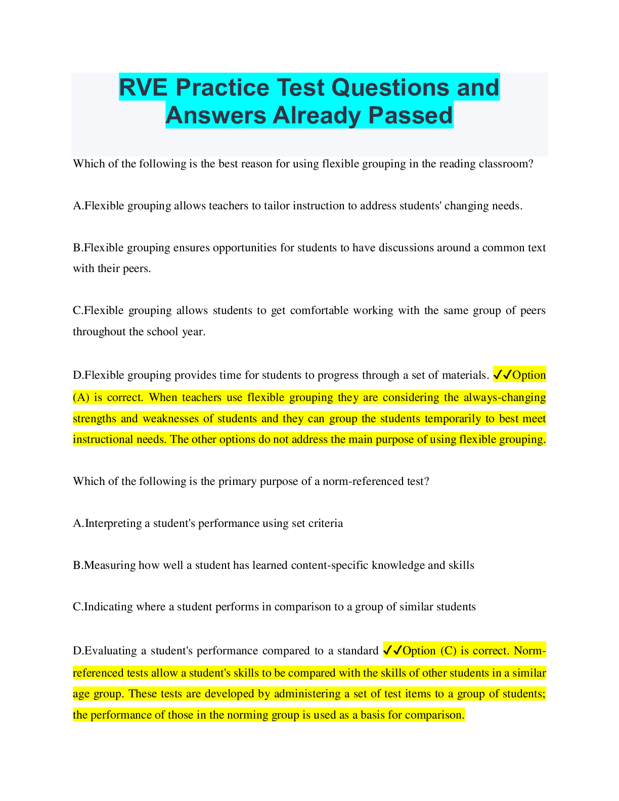Preview of RVE Practice Test Questions and Answers Already Passed